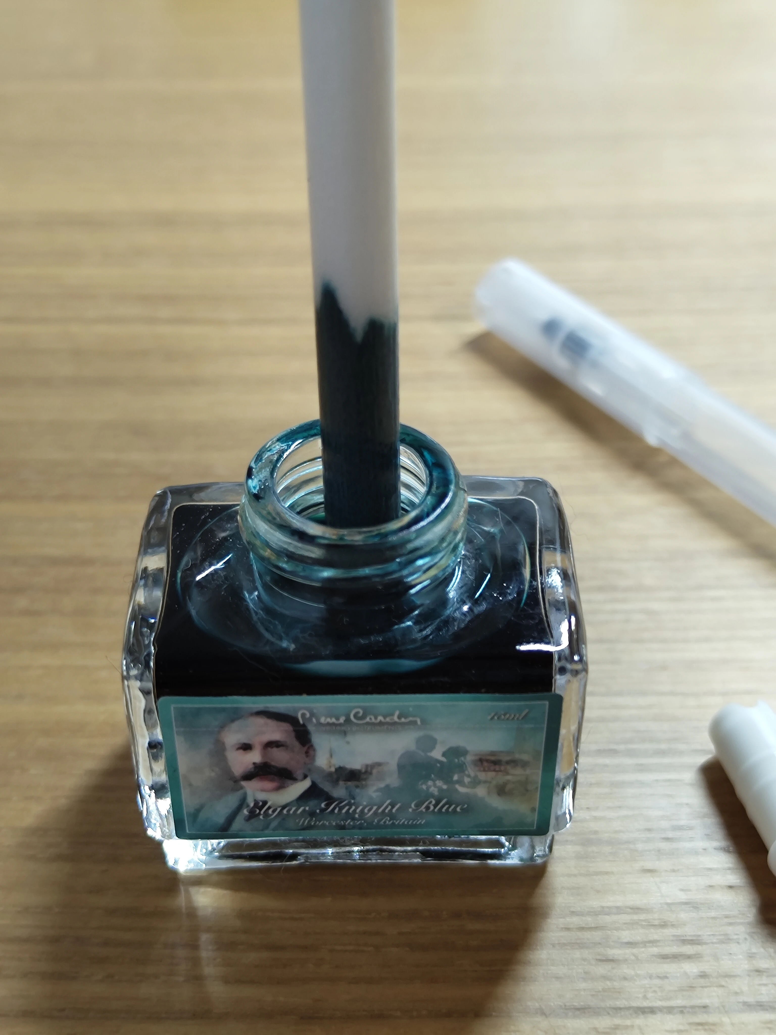 A picture of cotton wick in bottled ink.